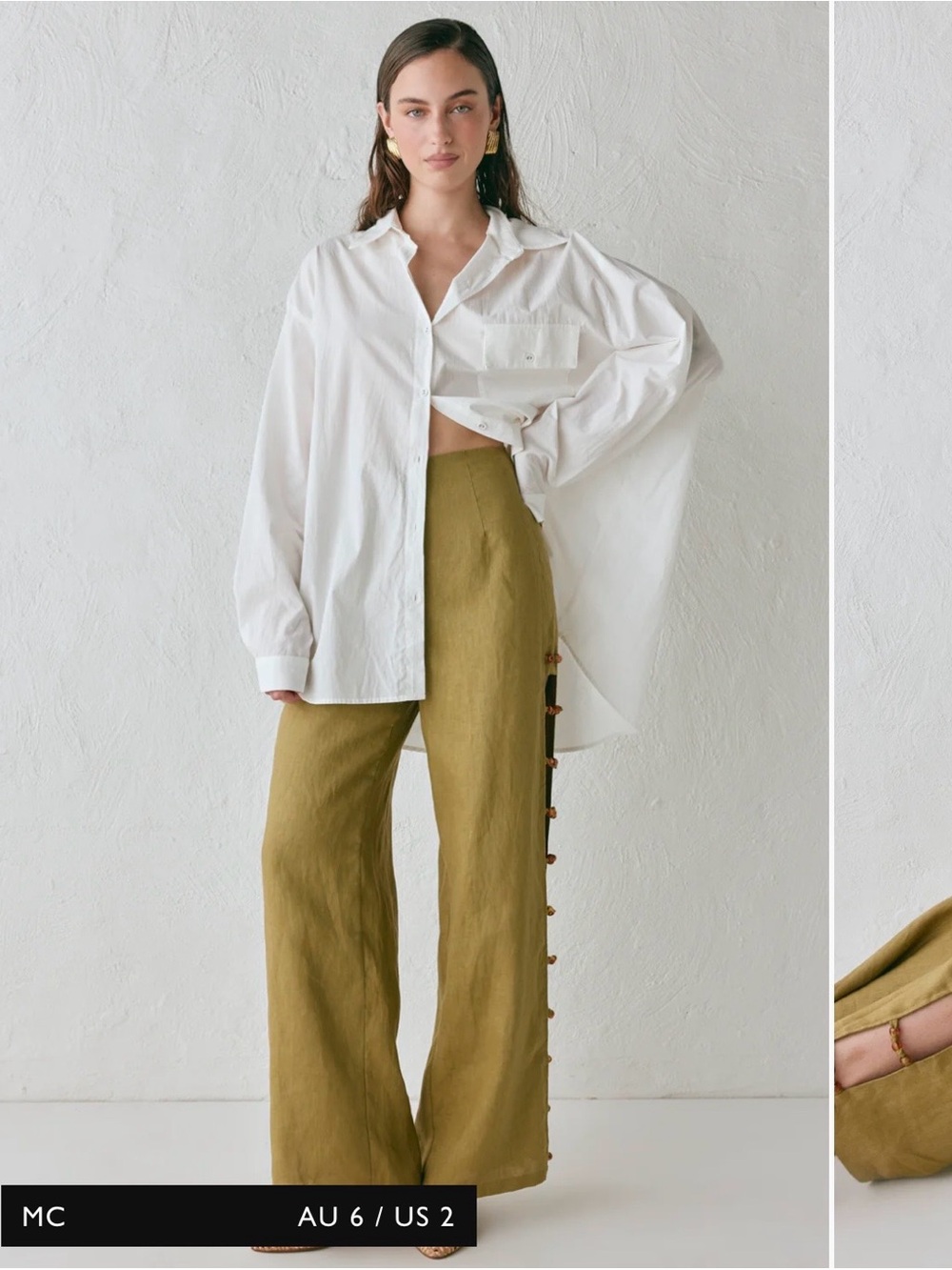 Tia Linen Button-Trim Wide Leg Pants in Olive